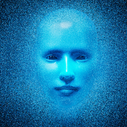 A digital rendering of a human face in shades of blue, surrounded by a textured, grainy blue background, giving a futuristic or ethereal appearance.