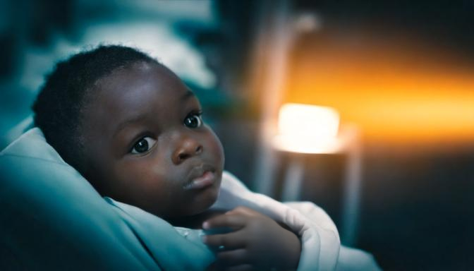 A young child wrapped in a blanket, symbolizing the importance of patient-centered healthcare practices and life-saving innovations in learning health networks.