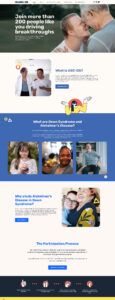 Screenshot of the ABC‑DS study website designed by Wondros. The homepage features welcoming photos of people with Down syndrome interacting with caregivers and researchers, bold headings like “Join more than 200 people like you driving breakthroughs,” and sections explaining the study, Alzheimer’s disease in Down syndrome, and the participation process.